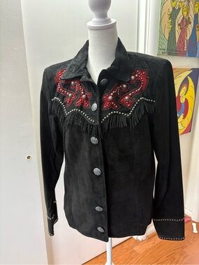 Double D Ranch Black Suede Jacket with Red Embroidered Yoke and Fringe